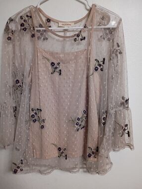 Solitaire Blush Sheer Dot Mesh Camisole with Embroidered Floral Overlay
